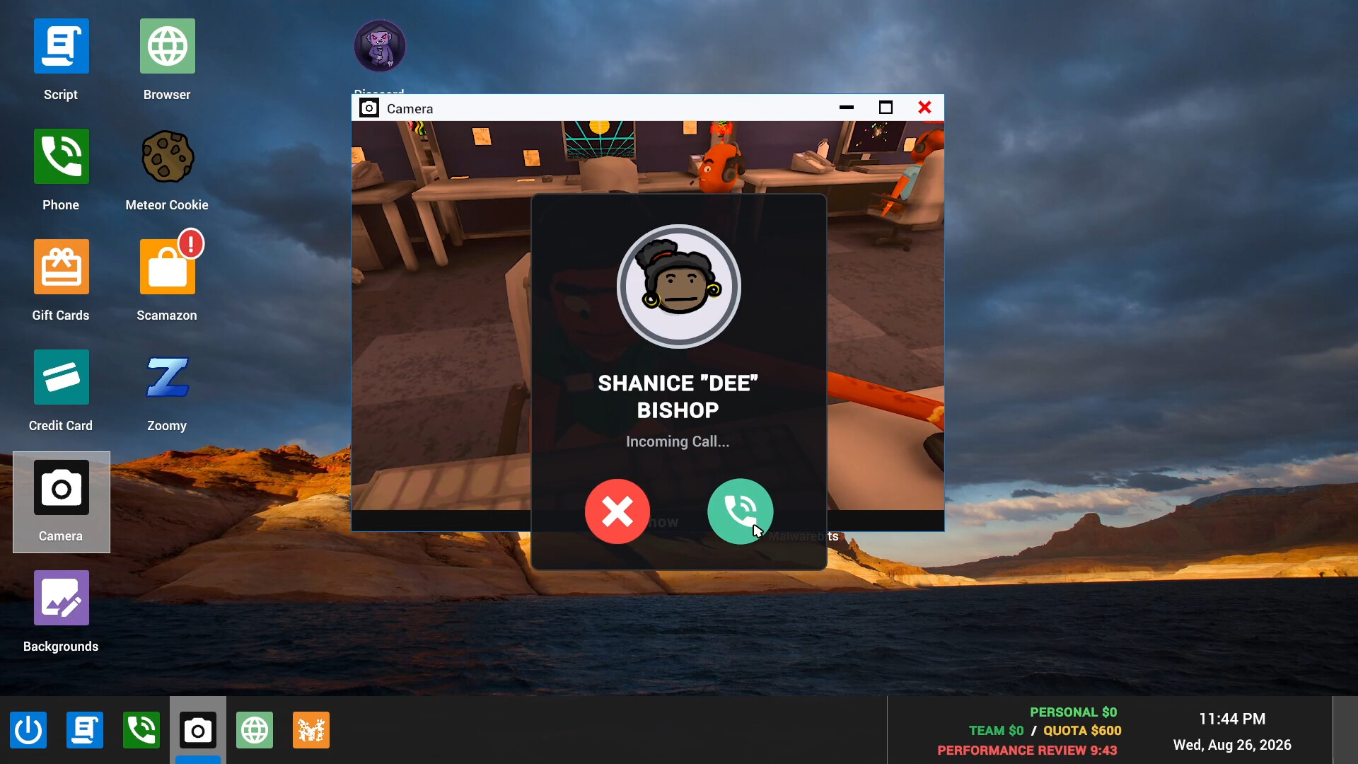The fictional desktop displays an incoming call from Shanice Bishop with accept and decline buttons.